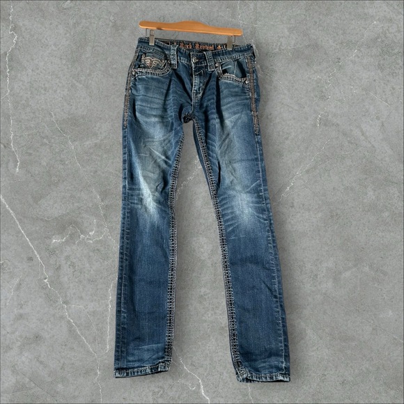 Rock Revival Jeans Men 32x32 Blue Kort Slim Taper Embroidered